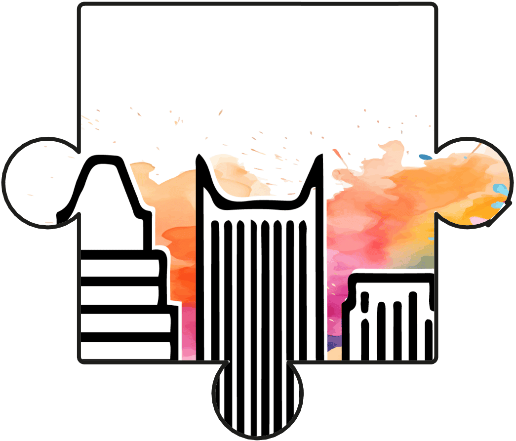 Modern skyscrapers silhouette with colorful watercolor sky, representing innovation and technology in urban architecture. Ideal for topics on city development, design, and modern infrastructure.
