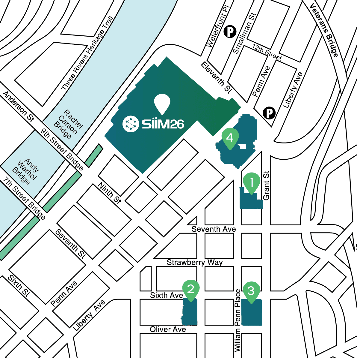 1. Map of the SIIM Annual Meeting 2023 venue location with parking and nearby streets in Salt Lake City, Utah.