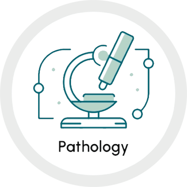 A detailed view of a microscope with the word "Pathology" underneath, representing medical research and diagnostics at the SIIM Annual Meeting.