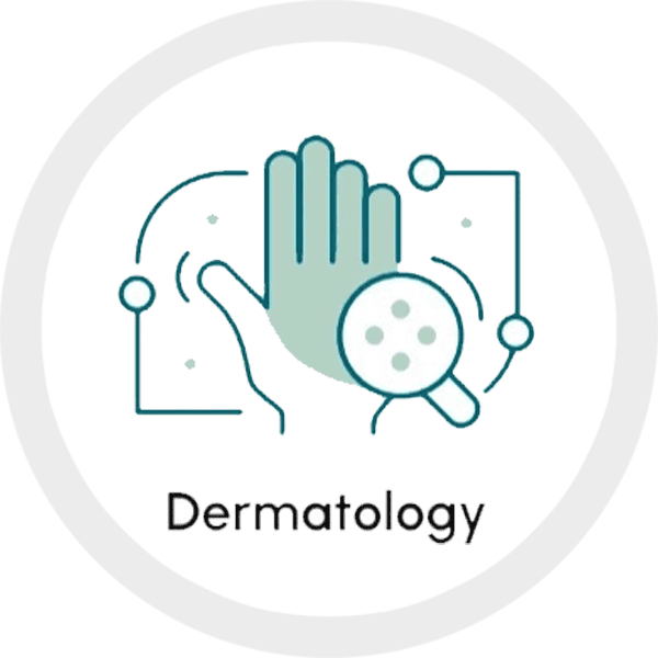 Illustration of a hand with a magnifying glass focusing on skin, representing dermatology diagnostics and research at the SIIM Annual Meeting.